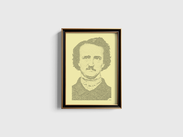 A3 Schreibmaschinen-Porträt Edgar Allan Poe in Schwarz auf Elfenbein