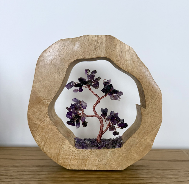 Amethyst Crystal Gemstone Tree Garden in Mango Wood