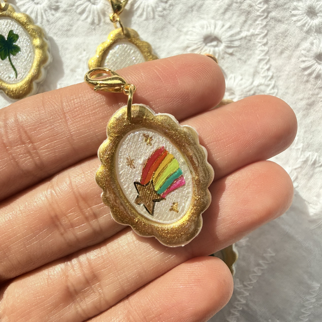 Rainbow Shooting Star Lucky Charm – Hand Painted Gold Frame Trinket