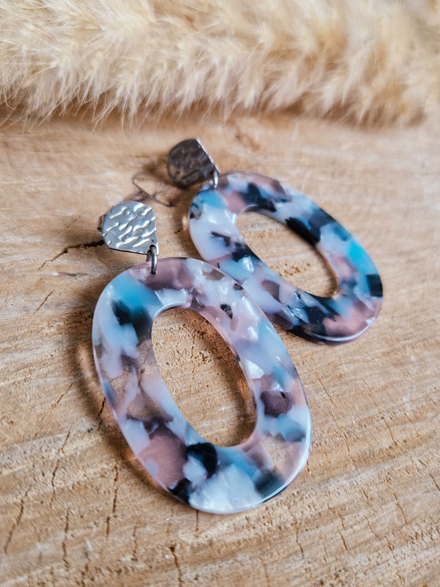 Boucles d'oreilles "Ovales" - Modèle argenté et marbré bleu gris