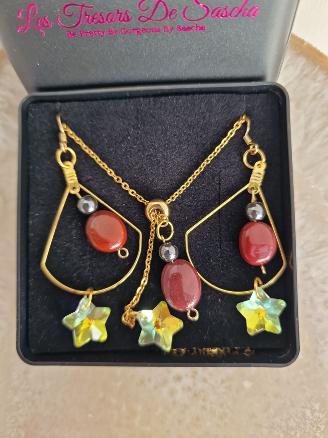 Parure Bijoux Acier Pierre Mokaite Hématite Etoiles Cristal