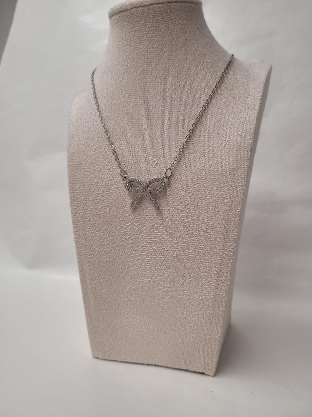Silver rhinestone bow charm necklace - 18inch silver plated - HBH-056