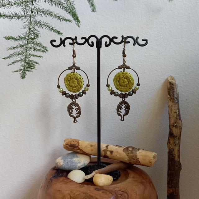 Parure vert anis et bronze - Boucles d'oreille type créoles Arbre de vie