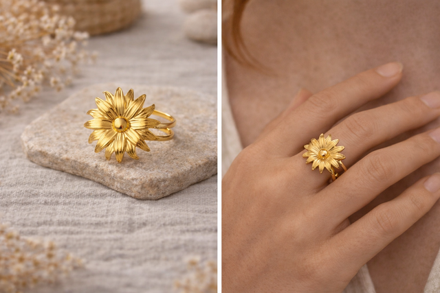 Bague réglable fleur solaire en acier inoxydable 316L – Motif floral doré