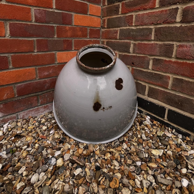 An Industrial Factory Enamel Light Shade In HUGE Proportions, Salvaged From The Old Cooperative Canning Factory In Lowestoft