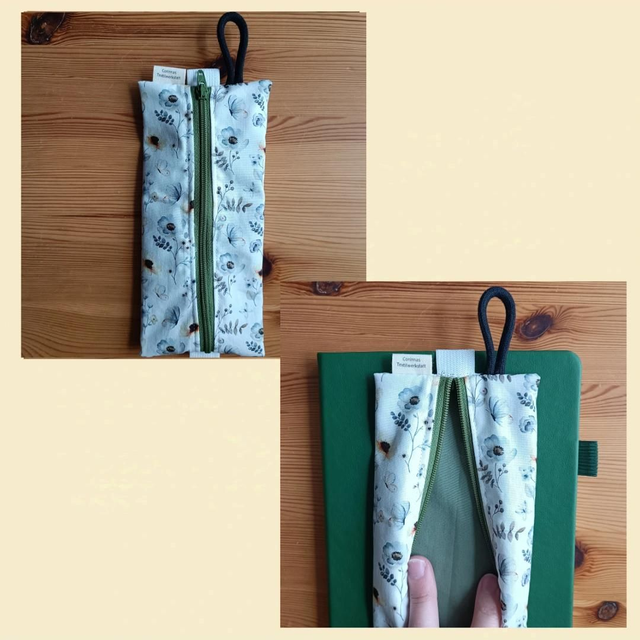 Stiftemäppchen/Etui mit Reißverschluss, 8×19cm, Gummiband zum Befestigen an z.B. Kalender, Schlaufe zum Aufhängen, Blumen 