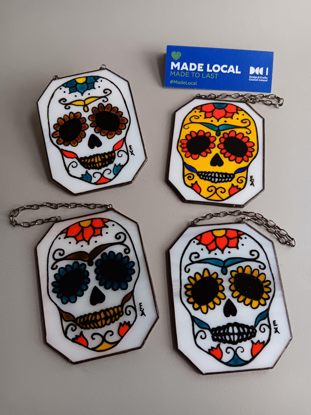 Stained glass Day of the Dead skulls