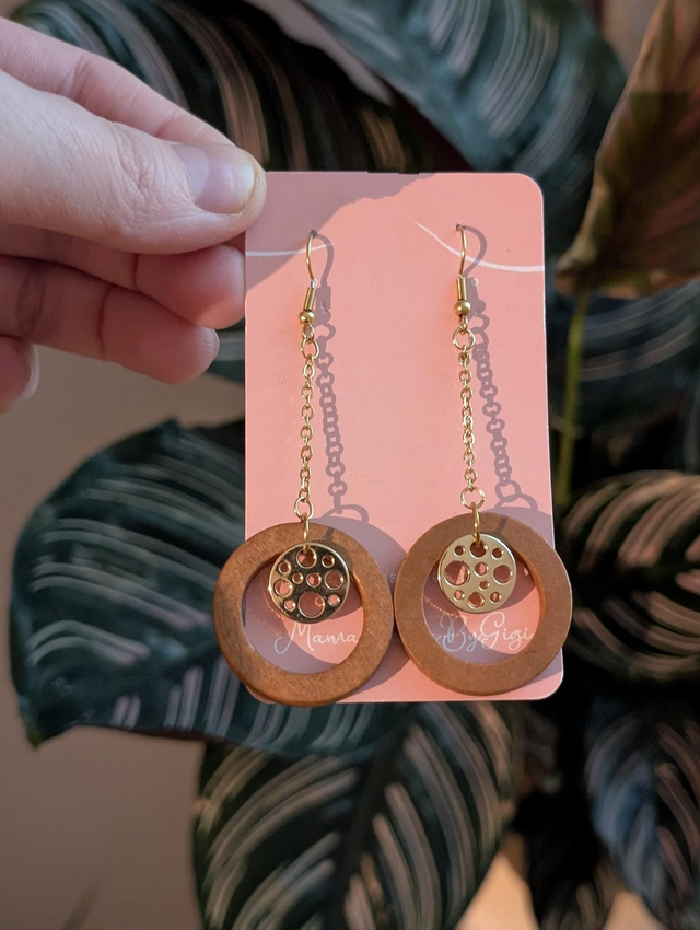 Handmade Wooden Hoop Earrings with Gold Filigree Charm