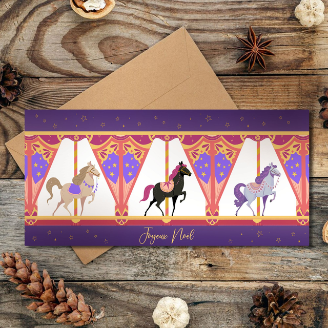 Carte de Voeux "Le Manège des chevaux" avec enveloppe dorée