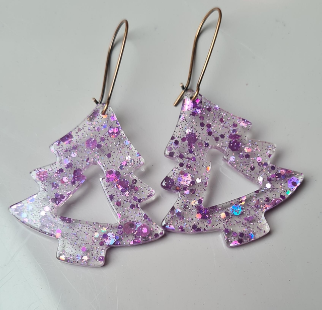 Earrings Christmas tree shaped transparent purple glitter hooks