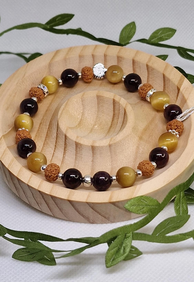 Bracelet Grenat, Œil de tigre doré et Œil de Rudra 
