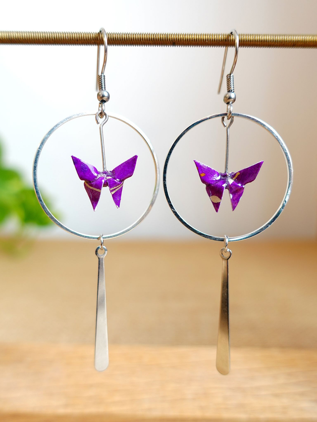 Origami Papillon / INOX / Papier japonais washi / Violet, argent / Créoles, anneaux /Bijou japonais origami / Boucles d'oreilles /