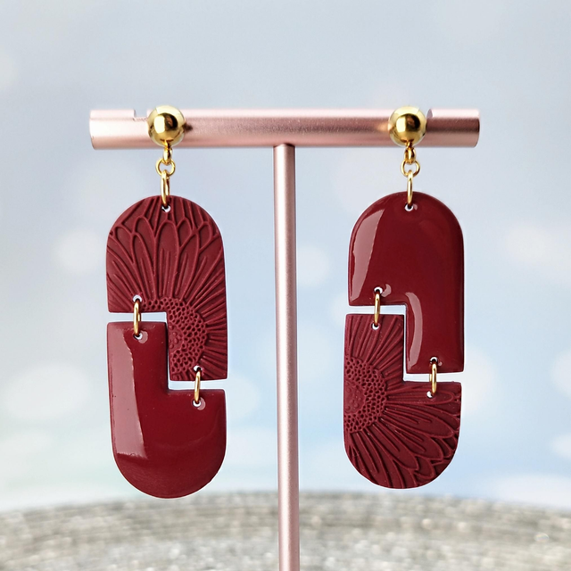 Boucles d&#039;oreilles Feuille &quot;Squircle&quot; Bordeaux Doré