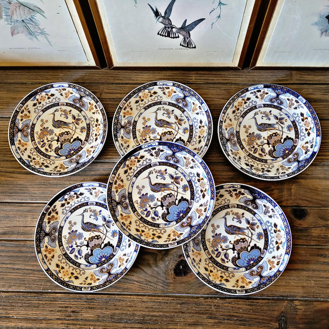 X Assiettes à dessert ou entremets chinoises, décor floral et oiseau bleu & or