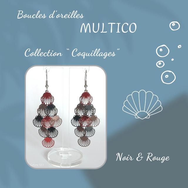 Boucles d&#039;oreilles MULTICO - Collection Coquillages - Noir et Rouge