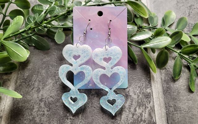 Earrings | Blue-White Glitter Triple Heart Drop | Stainless Steel Hooks