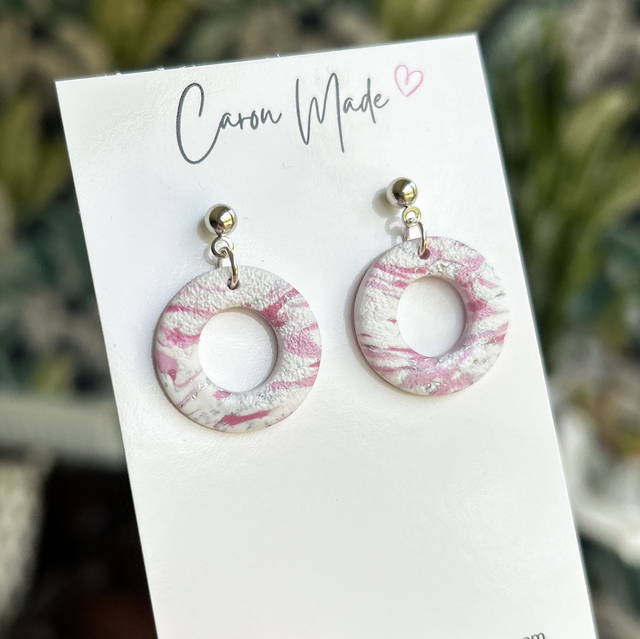 Pink and white circle earrings 