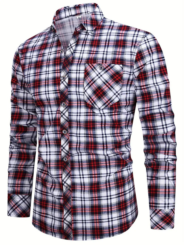 Men's Casual Polyester Classic Plaid Long Sleeve Shirt | with Chest Pockets