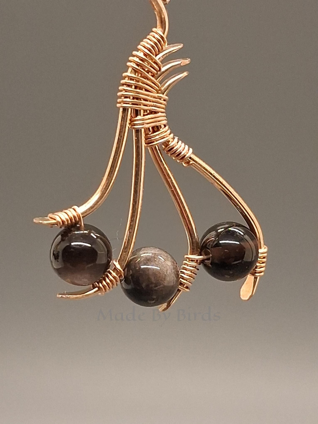 Artisanal Bronze Wire Weave Earrings featuring Silver Sheen Obsidian Beads and Hand-Forged Wires