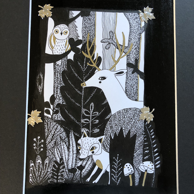 Rassemblement d’animaux - 31 x 41 cm - encadrement noir