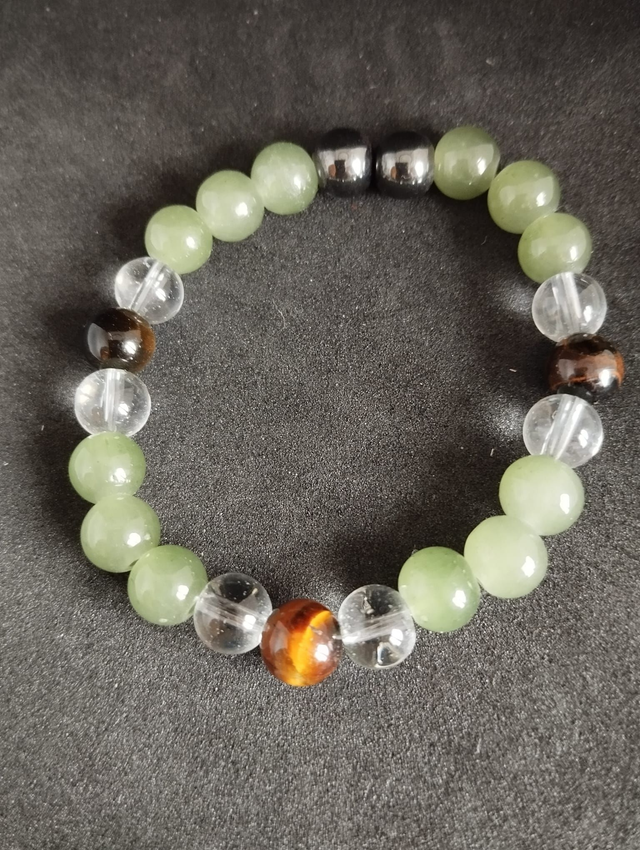Bracelet en aventurine verte, quartz blanc, œil de tigre et hématite