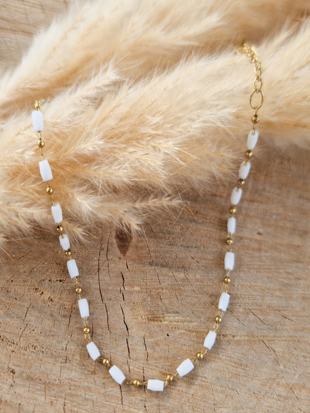 Chaîne de cheville perlée - Perles tubes - Modèle doré et blanc