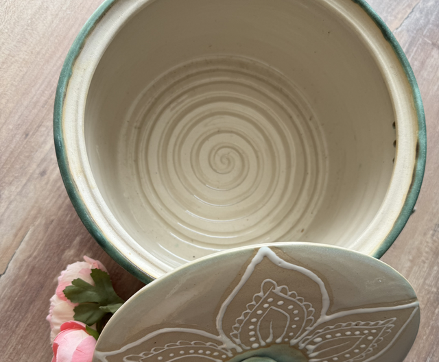 Small stoneware bread crock with hand-painted mandala patterns
