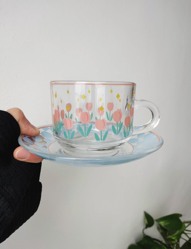 Tasse à café et soucoupe en verre style vintage tulipes et étoiles 