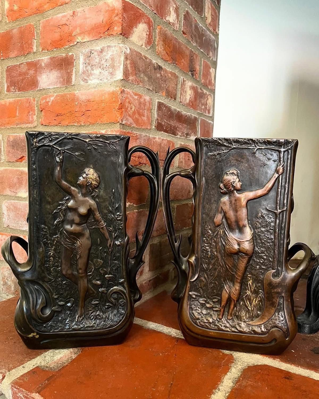 A Pair of Art Nouveau Two Handled Bronze Vases by Jean Garnier 1853-1910