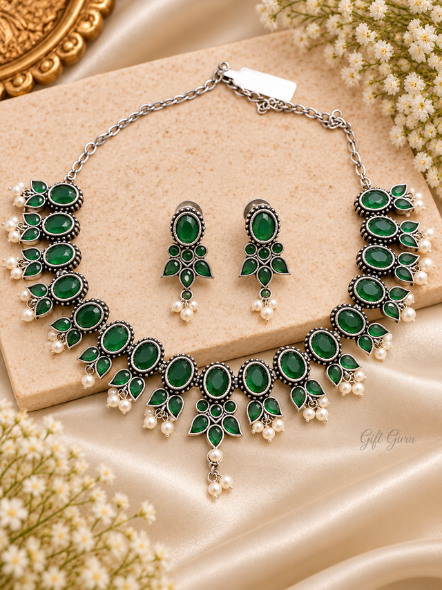 Oxidized moti necklace set indian choker jewellery