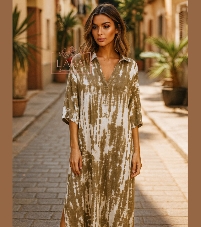 Leinen Kleid in Midi Länge weiß oliv