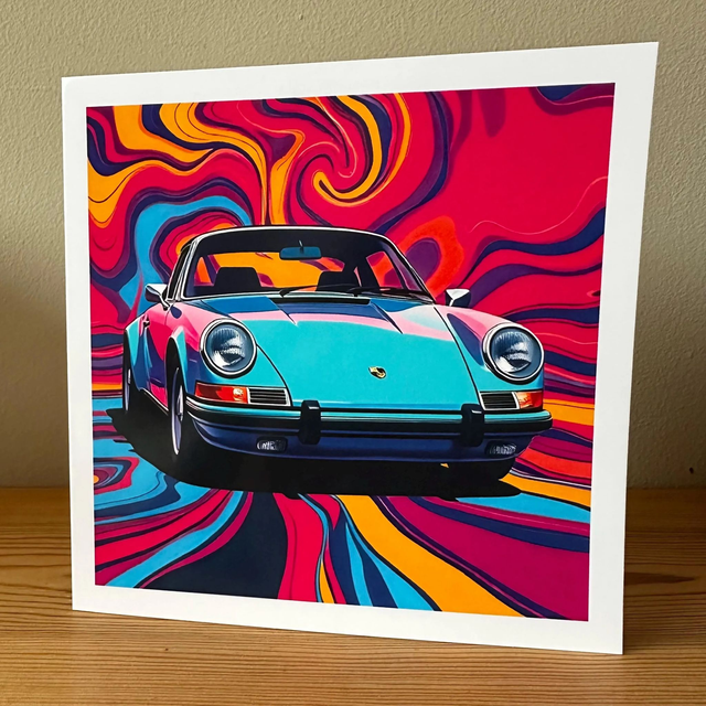Classic 1960s Porsche 911 Pop Art Psychedelic Greeting Card – Retro Car Enthusiast Gift, Bold &amp; Colourful Retro Design