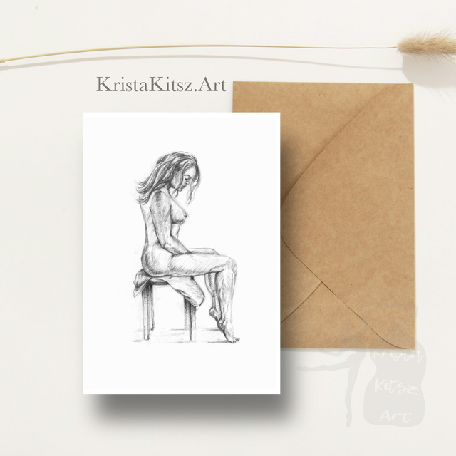 Ansichtkaart Vrouw zittend naakt tekenkunst , inclusief envelop, van originele tekening 