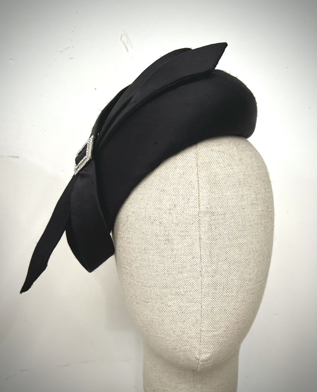 Black silk shantung asymmetric percher with bow and diamente buckle