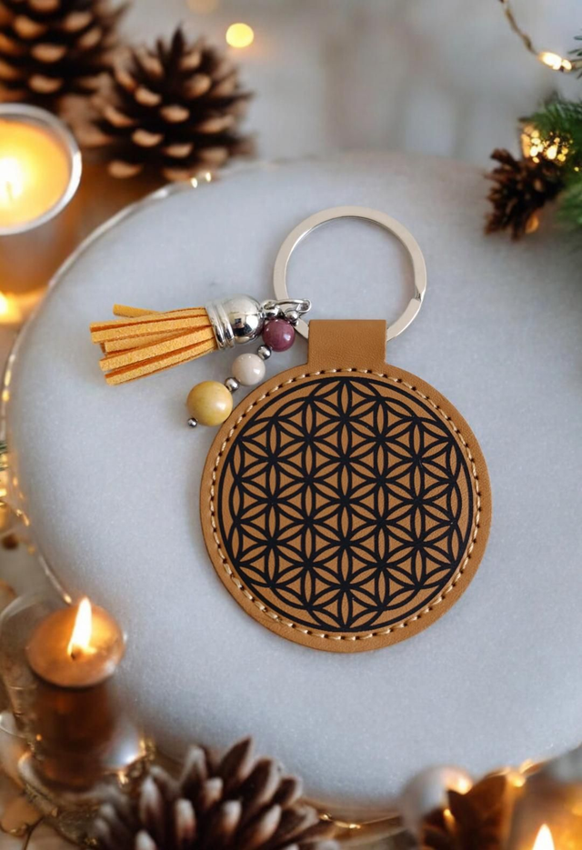 Porte-clé simili cuir jaspe Mokaite et fleur de vie 