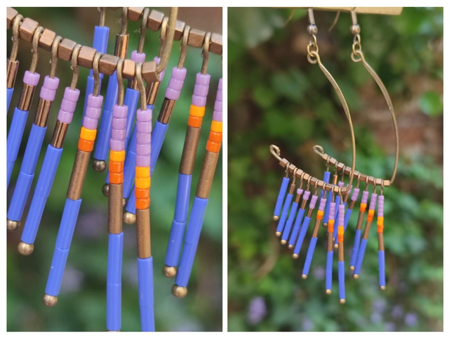 Boucles d'oreilles longues en perles de verre miyuki violet, orange, bleu Klein, fermoir dormeuses en acier inoxydable doré -sans nickel- pièce unique 