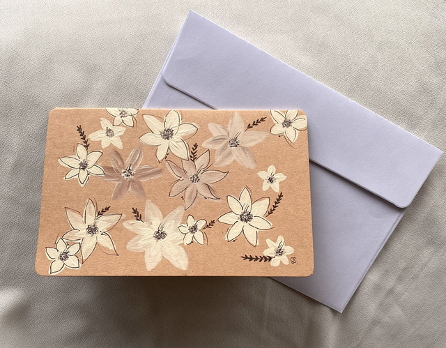 Doppelkarte abgerundet - Schneeblumen auf braun