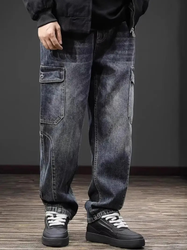 Men's new American functional retro washed tooling jeans
