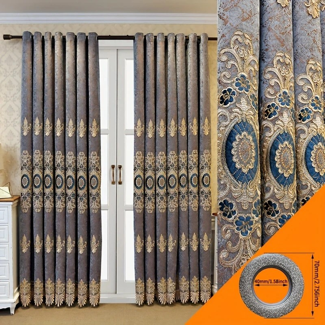 Elegant Blackout Curtains with Golden Floral Embroidery 2pcs 