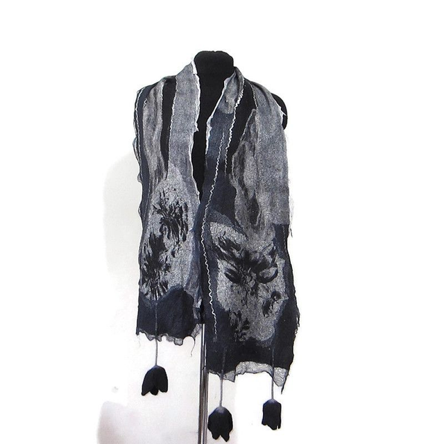 Sciarpa lana merino seta infeltrita fiori tulipani Sciarpa colore nero lunga calda donna fatto a mano regali unici per le donne