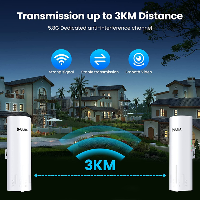Gigabit Wireless Bridge Point to Point Outdoor, 5.8G 1Gbps WiFi Bridge CPE , Long Range Up to 3km, 27dBm, 24V POE, Ip65, 2-Pack