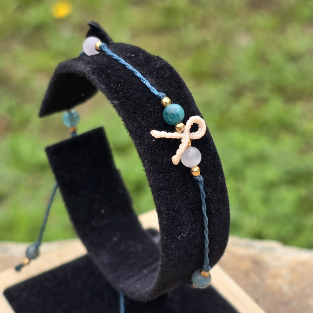 Bracelet Cœur Solidaire🎗️Quartz Rose &amp; Apatite bleue