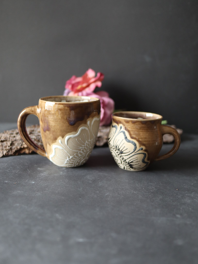 Mother+Daughter Mugs Set, handmade henna pottery, Art Pieces