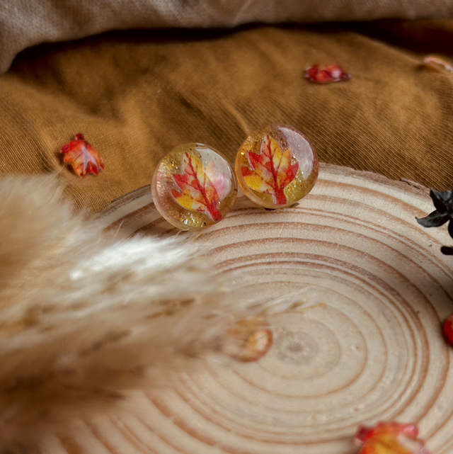 Autumn Leaf Stud Earrings - Pastel & Red Leaves