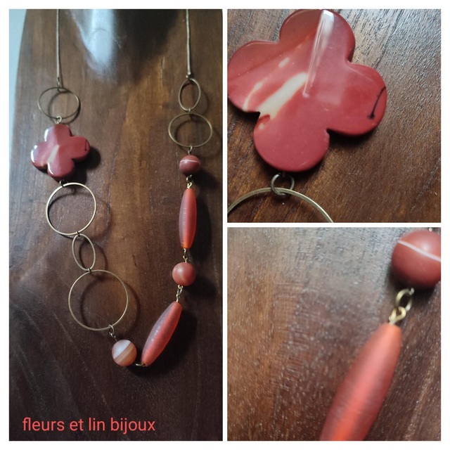 Z- Sautoir verre orange et agate orange/bordeaux ( pierres naturelles) monté sur fil de lin réglable 