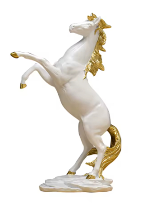 Prachtig beeldje steigerend paard wit gouden haar (30cm)