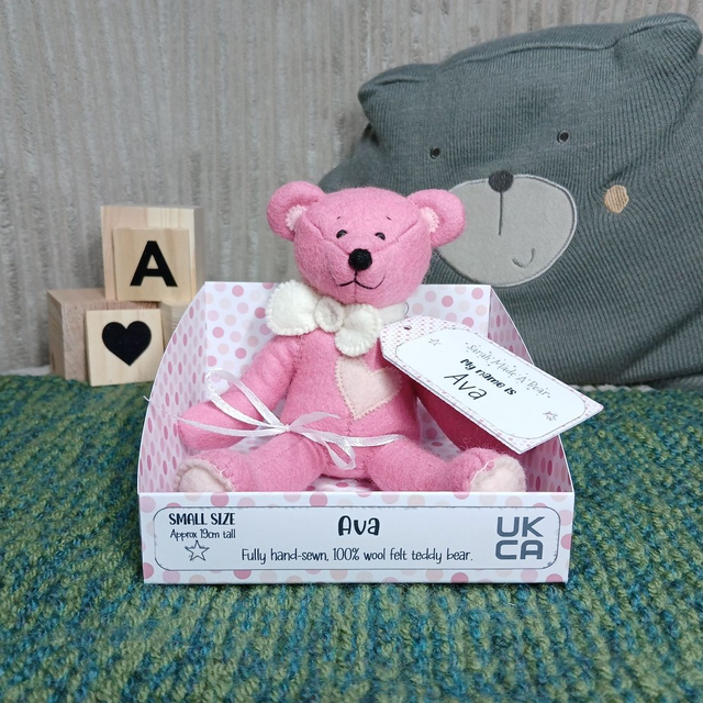 Ava. Small size, handmade teddy bear. UKCA. Tray base packaging. Limited Edition Wool Felt. Pink. Cream.