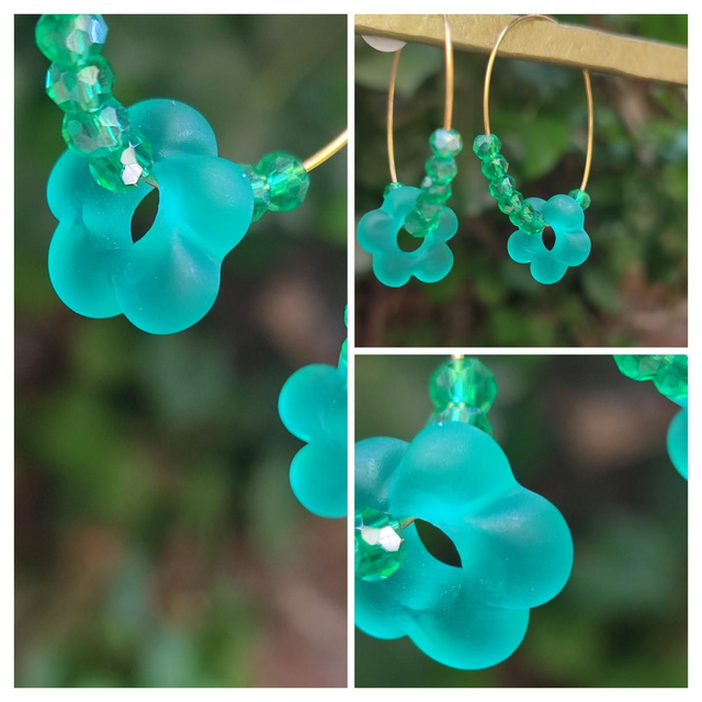 Créoles fleurs en verre mat et perles bleues paon, acier inoxydable doré -sans nickel pièce unique 
