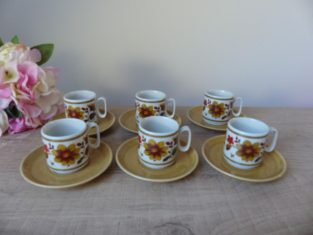 Service à café expresso Tognana vintage 1970 – 6 tasses + soucoupes en céramique italienne décor floral