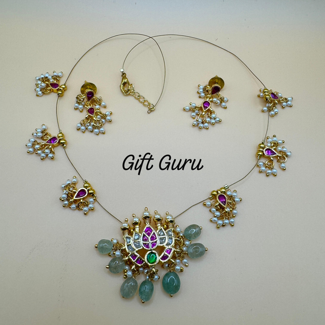 Invisible necklace with ear rings Jadau Kundan